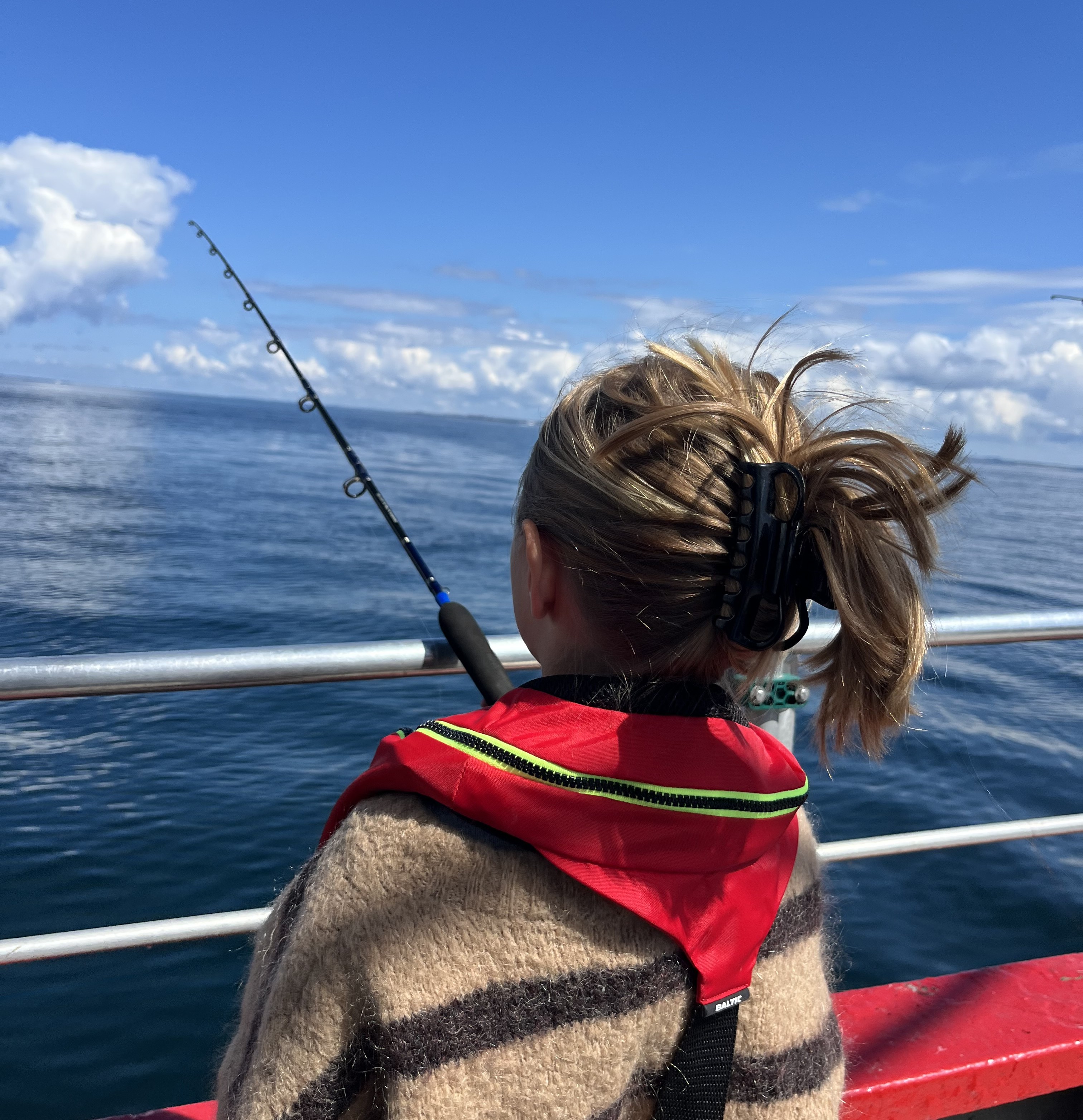 Pige står med fiskestang og kigger ud over havet